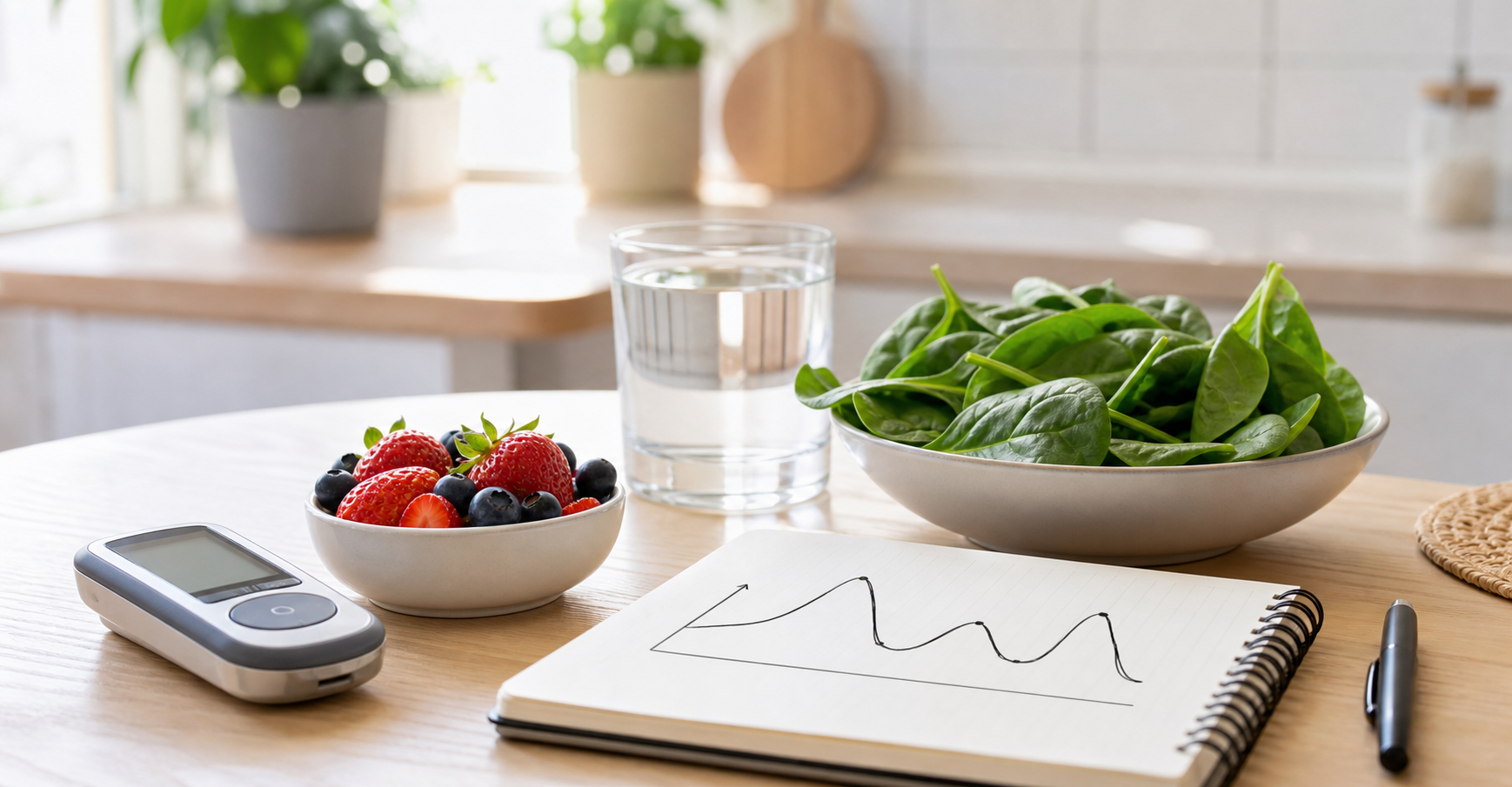 A bright kitchen table with a glucose meter, berries, leafy greens, water, and a notebook representing everyday blood sugar awareness.